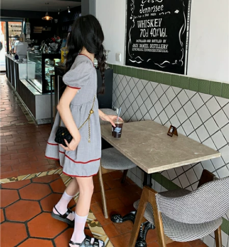 法式复古夏季撞色细格子泡泡袖公主显瘦连衣裙...