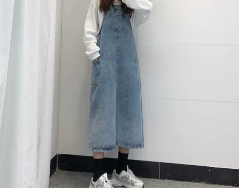 啊啦柏盐系牛仔背带裙女中长款春夏小个子学生...