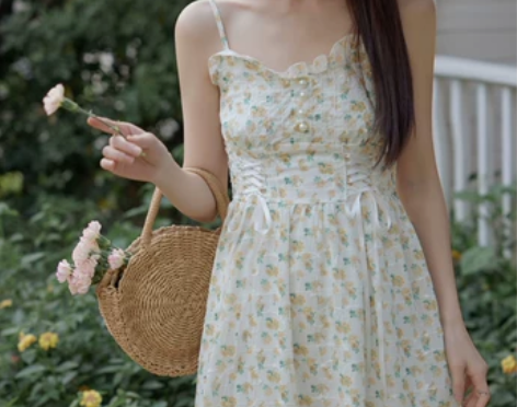 夏季新款甜美温柔风法式田园风碎花吊带连衣裙...