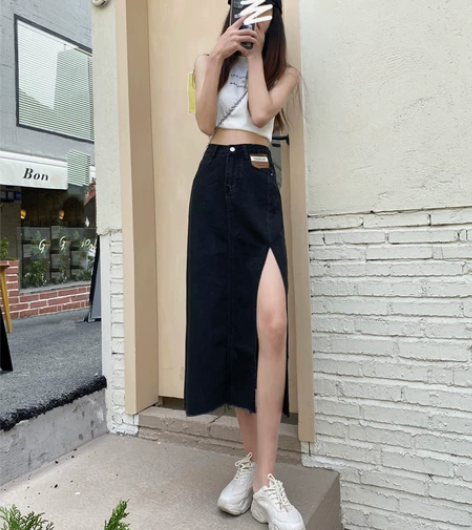 侧开叉牛仔半身裙女2022年夏季新款高腰中...
