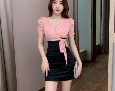 春夏季纯色性感蕾丝V领职业女套装裙2023...