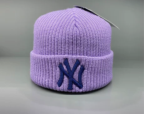 MLB毛线帽女NY冷帽洋基队帽子针织帽紫色...