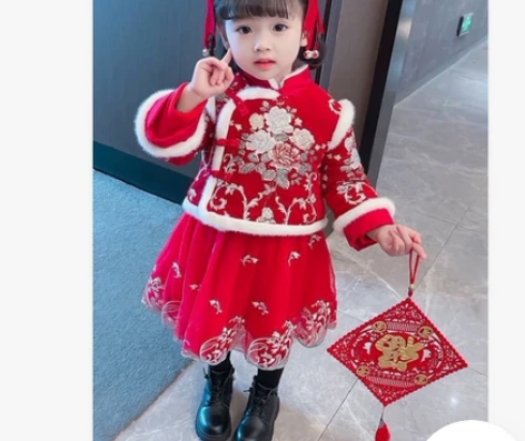 汉服女童冬季拜年服女童唐装加绒加厚中国风古...