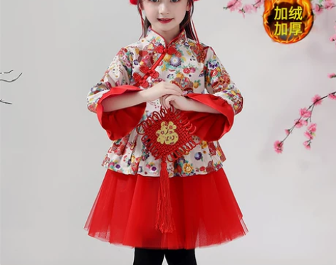 ?汉服女童冬装加绒加厚儿童唐装中国风旗袍公...