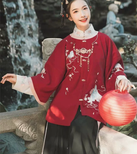 全新 汉尚华莲白雪歌半袖红色+江雪马面裙黑...