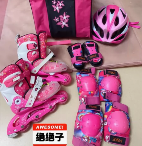 女童 粉红色轮滑溜冰鞋，适合3-6岁小朋友...