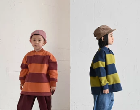 YR童装阿美咔叽复古撞色宽条纹儿童卫衣/水...