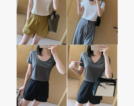 纯色短袖女U领设计感宽松休闲T恤  全新 ...