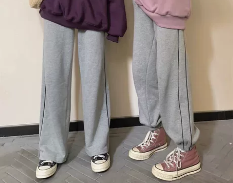 网红拼色双杠线休闲裤韩版松紧高腰直筒裤束脚...