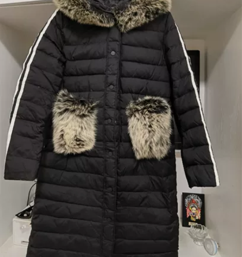 狐狸毛领皮草长款带帽黑色显瘦双杠棉服长外套...