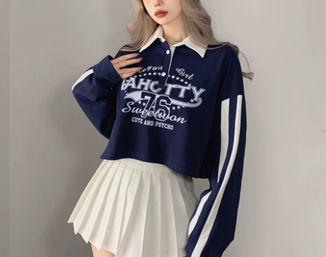 WEEKEEP 美式复古印花翻领撞色拼接双...