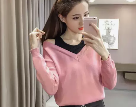 秋冬装新款韩版性感露肩镂空拼接针织衫时尚包...