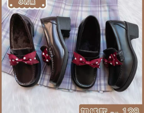栗原熊 加绒小方熊现货 圆方头jk制服鞋学...