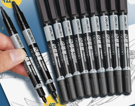 得力黑色记号笔 小双头油性防水红色小支粗细...