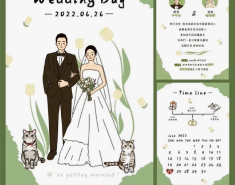 黑豆日系婚礼请柬邀请函请帖定制手绘婚纱插画...