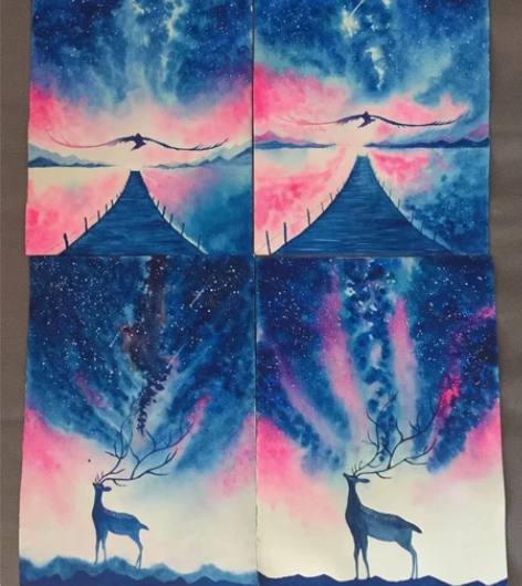 手绘水彩星空鲸鱼美人鱼极光你的名字16k3...