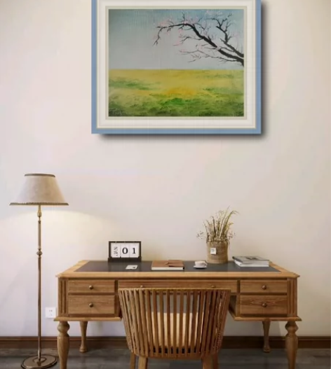 捡漏纯手绘简约樱花风景油画客厅沙发横版挂画...