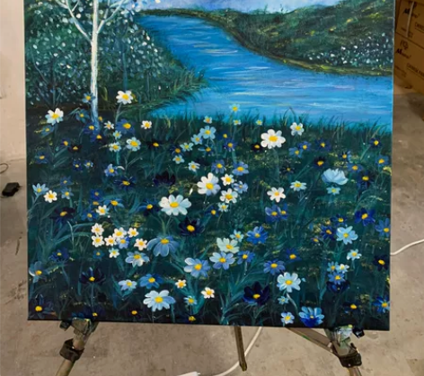 风景花朵河流手绘丙烯装饰画，包邮，可以联系...