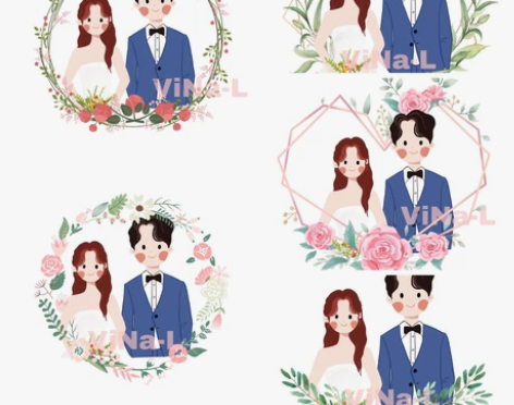 婚礼请帖请柬插画设计手绘情侣头像照片婚纱照...