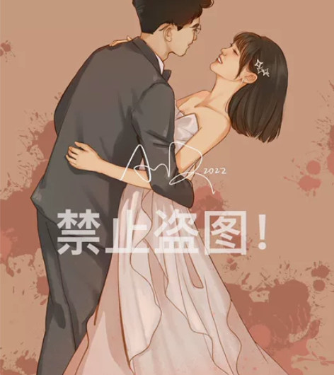 手绘婚纱照 婚礼请柬插画设计 卡通情侣头...