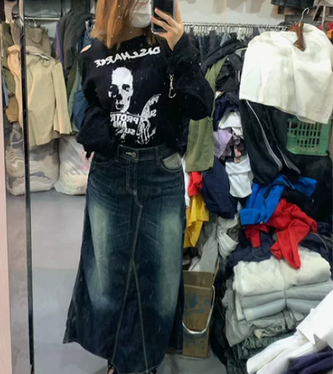 Vintage复古y2k涩谷辣妹深蓝长款牛...