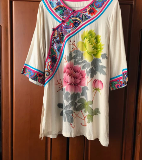 棉麻 苎麻 复古斜襟盘扣 手绘牡丹旗袍倒大...