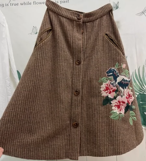 jsister重工刺绣毛呢群，驼色千鸟格，...