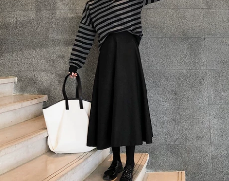 chic港味高腰毛呢半身长裙女a字大摆呢子...