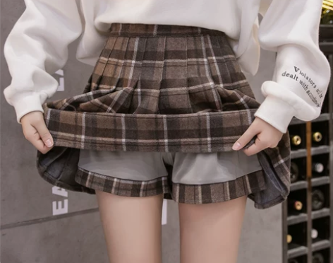 毛呢格子百褶裙短裙子冬季不规则半身裙秋冬女...