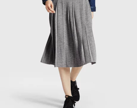 优衣库女装 美利奴羊毛混纺打褶裙 灰色百褶...