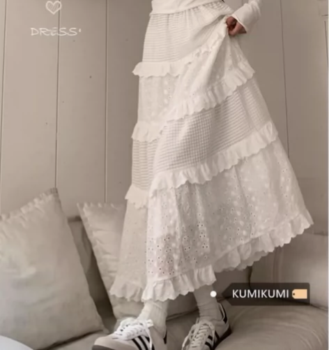 kumikumi白色半身裙女夏季高腰a字裙...