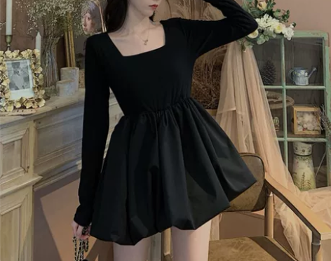 2021春秋季新款方领收腰针织连衣裙高腰花...