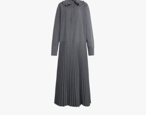 春装过膝长裙学院风荷叶边翻领百褶…小谷粒的...