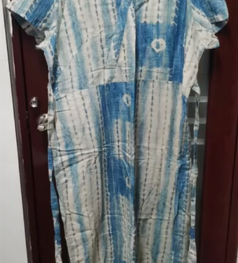 麻料民族扎染风气质斜襟V领系带长裙 面料夏...