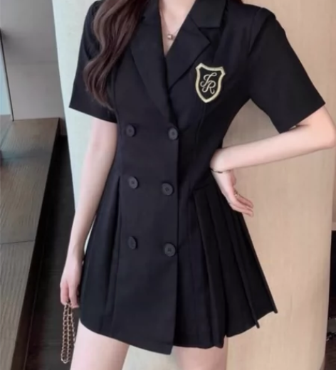 2023新款学院风西装裙双排扣气质收腰短袖...