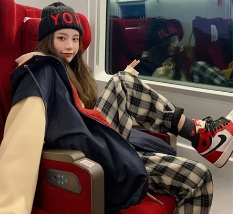 庄庄老板一米六复古格子休闲裤女春学院风韩版...