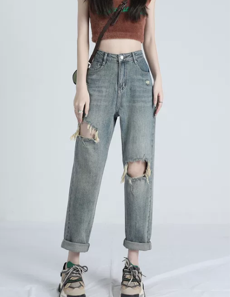 破洞牛仔裤女哈伦裤春秋2023年新款小个子...
