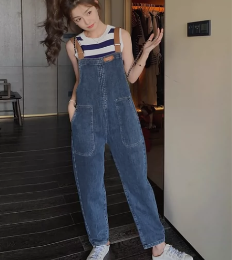 韩版宽松休闲牛仔背带裤女新款减龄洋气连体长...