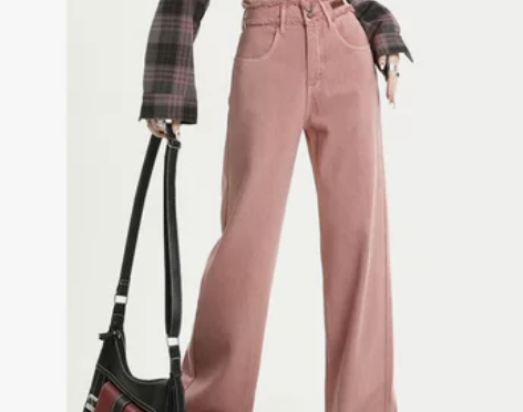 牛仔裤 牛仔裤长裤脏粉色女高腰显瘦直筒宽松...