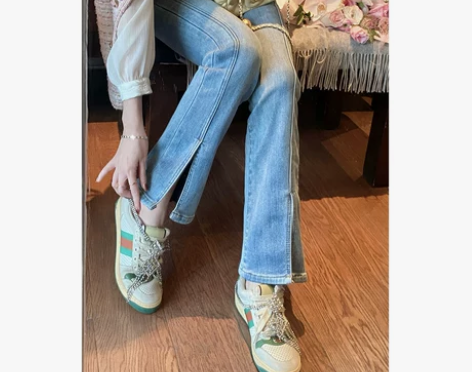 GA开叉喇叭裤高腰显瘦直筒微喇牛仔裤女小个...