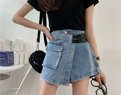 蓝色牛仔短裤女夏季新款高腰显瘦遮肚子宽松大...