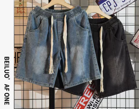 北骆港风复古做旧水洗系绳松紧牛仔短裤男潮牌...