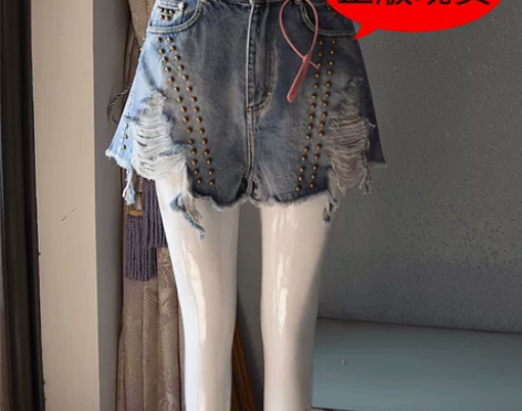 蓝色铆钉牛仔短裤女2019夏季新款高腰修身...