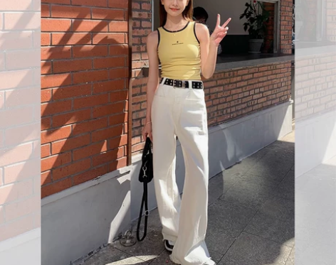 宋小恩白色高腰直筒牛仔裤女春秋新款宽松垂感...