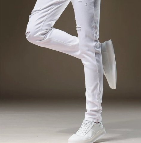香港白色破洞牛仔裤男修身小脚2023春夏薄...