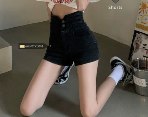 KUMI绑带设计感高腰显瘦港味牛仔短裤女夏...