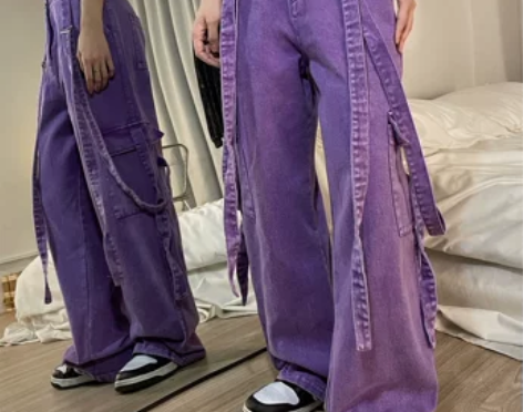 酷拽少女国潮秋季女装阔腿工装飘带炸街hip...