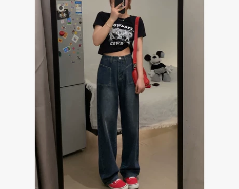 高腰直筒牛仔裤宽松显瘦口袋设计新款大码胖m...