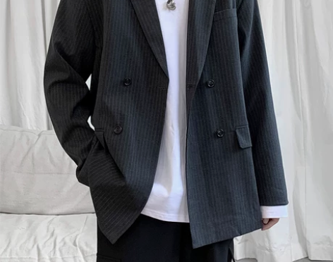 春季潮流竖条纹休闲西服上衣男士韩版潮牌宽…...