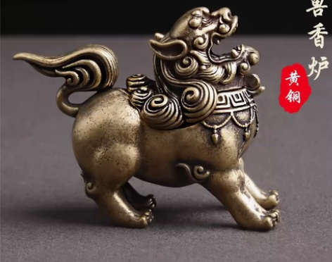 黄铜做旧防古玩瑞兽麒麟朝天吼檀香熏香炉招财...